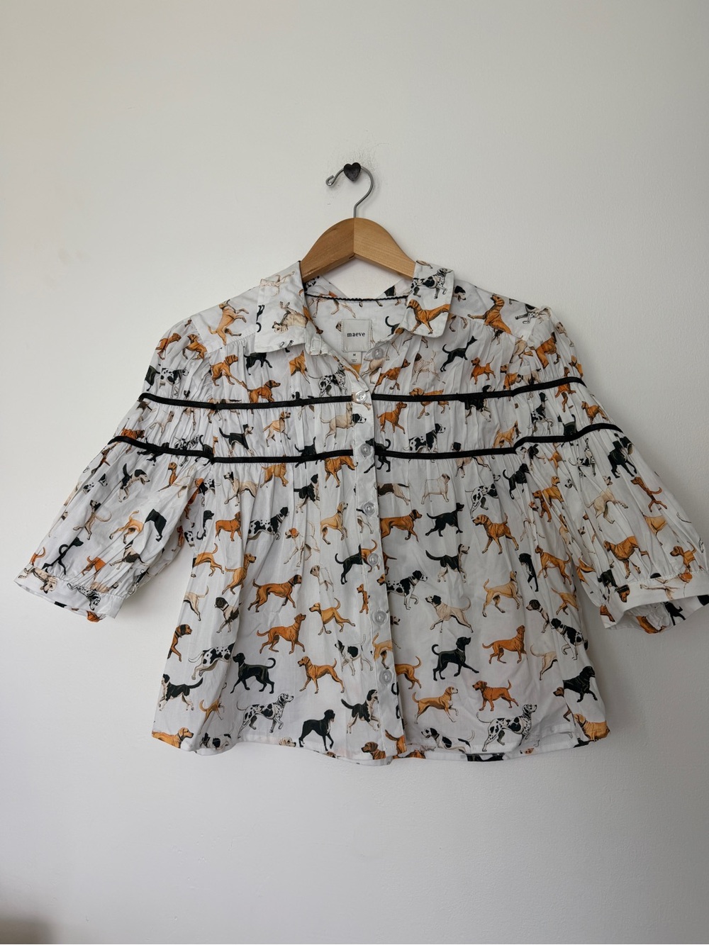 Anthropologie Maeve Leandra Shirred Yoke Cotton Dog-Print Blouse - Picture 2 of 4